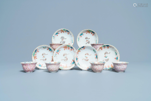Six Chinese famille rose lotus-molded cups and saucers,