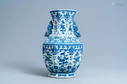 A Chinese blue and white hexagonal 'hu' vase with