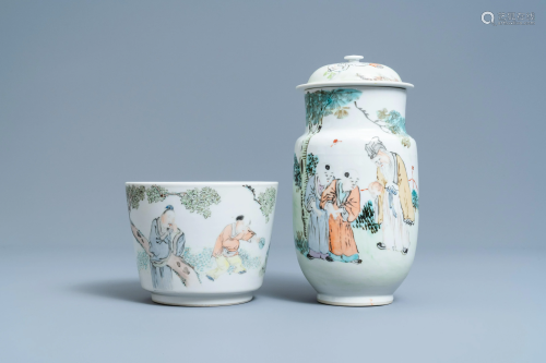 A Chinese qianjiang cai jardinire and a covered vase,
