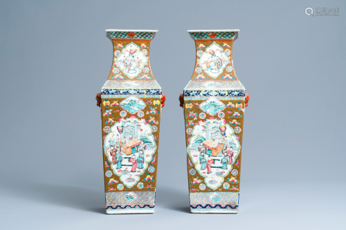 A pair of square Chinese famille rose brown-ground