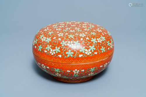 A Chinese iron red and gilt round box and cover, 20th