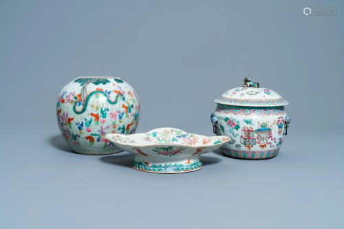 A Chinese famille rose jar, a kamcheng and a footed