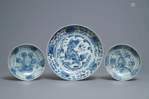 Three Chinese blue and white dishes with a qilin and