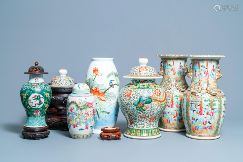 Six Chinese famille rose vases and various wooden