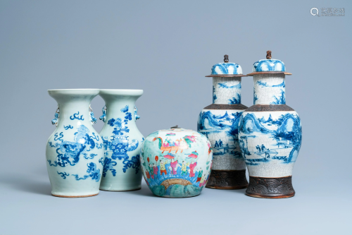 Five Chinese blue and white and famille rose vases,