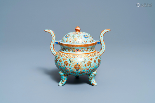 A Chinese famille rose turquoise-ground censer and