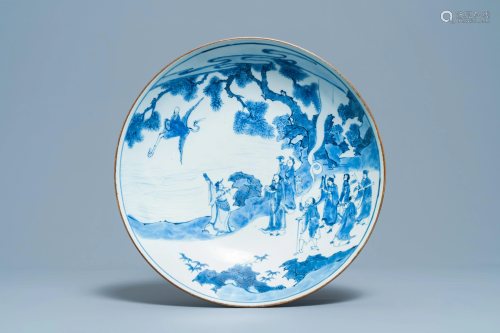 A Chinese blue and white 'Immortals' dish, Yu Tang Jia