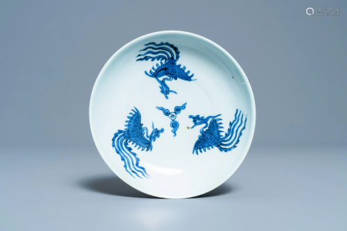 A Chinese blue and white 'Three phoenixes' dish,