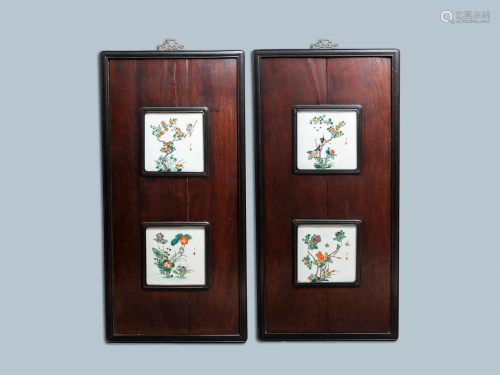 Four Chinese famille verte plaques in wooden frames,