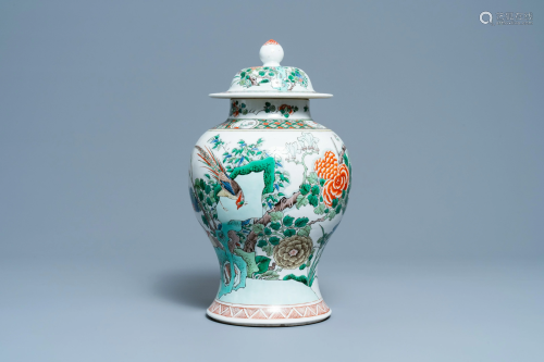 A Chinese famille verte vase and cover, Kangxi mark,