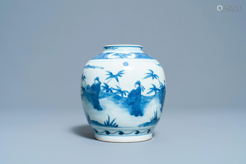 A Chinese blue and white jar with figures in a