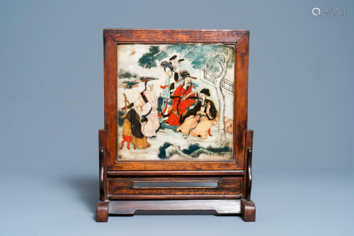 A Chinese wooden table screen with painted marble