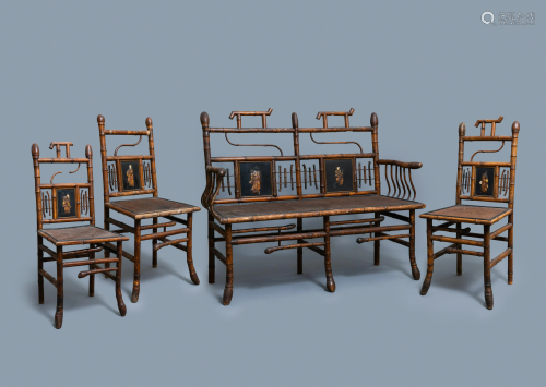Three bamboo 'Japonism' chairs and a bench, probably