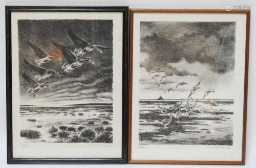 Francis Berille d'apres两幅代表鸭子飞行的黑色版画的相遇85/125和90/125，签名和日期为1978年，空白处有石墨。40x29厘米（见图）任务