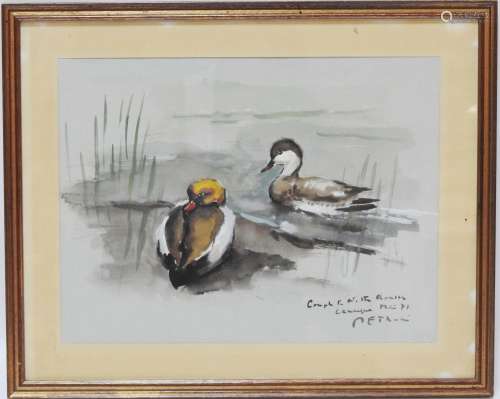 皮埃尔-埃米尔-索兰(1904-1983)鸭子水彩和白色水粉高光右下角有签名和批注24 x 31.5厘米（见图）