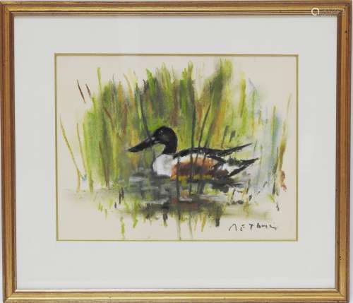 皮埃尔-埃米尔-索兰(1904-1983)芦苇丛中的鸭子粉彩右下角有签名21 x 26.5厘米见图