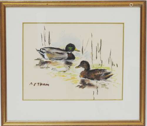 皮埃尔-埃米尔-索兰(1904-1983)几只鸭子粉彩左下角有签名21x27厘米（见图）