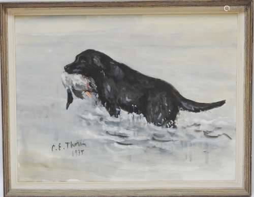 皮埃尔-埃米尔-索兰(1904-1983)拉布罗陀和鸭子水彩和白色水粉高光左下角有签名和日期1975年49x63厘米（见图）