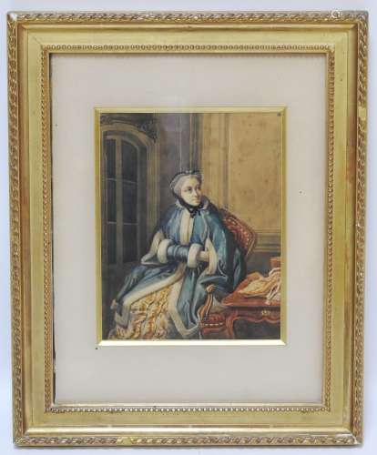 法家十八世纪品味的袖子女人肖像画。下方有签名和日期的水彩画，背面有石墨注释