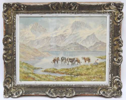 伯纳德-兰波（十九至二十世纪）。Lac d'Allos的牛群水彩画右下方签名26x34厘米（见图）