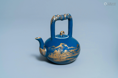 A Chinese gilt-decorated blue-ground teapot and cover,