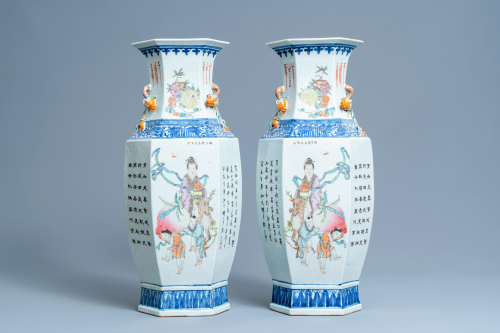 A pair of hexagonal Chinese qianjiang cai vases,