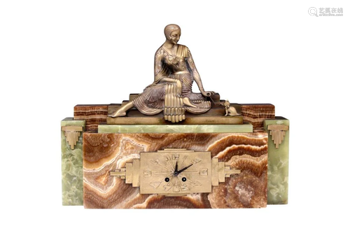 ART DECO ONYX & CAST METAL STATUE CLOCK