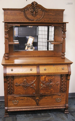 AMERICAN CARVED OAK SIDEBOARD WITH MIRROR