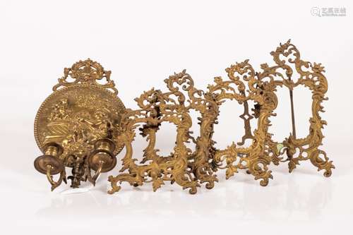 A set of 4 bronze picture frames, together with a copper wall applique, France, 1st half 20th centur