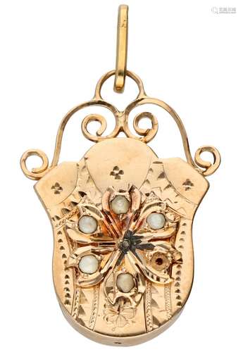 Rose gold antique pendant, with seed pearl - 14 ct.