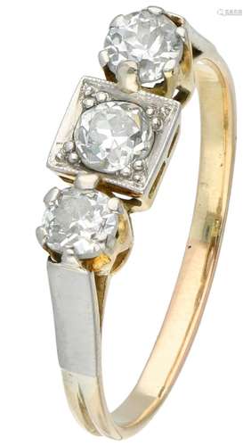 Bicolor gold 3-stone ring, with approx. 0.54 ct. diamond - 18 ct.