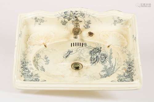 An earthenware water fountain/ wash stand with blue transferware decor, France, 1st half 20th centur