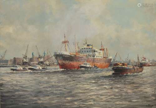 Anton van Unen (1918 - 2000), View in the harbour of Rotterdam with the Holland-America line buildin