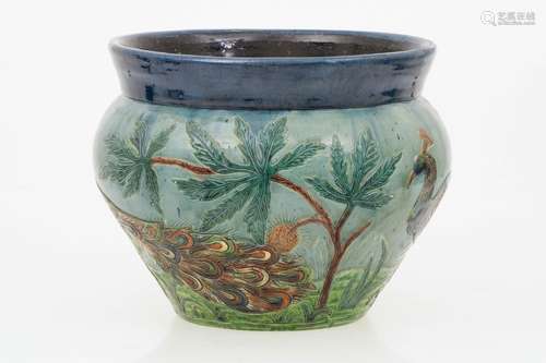 A 'Flemish' earthenware cachepot with decoration of Peacocks, ca. 1920