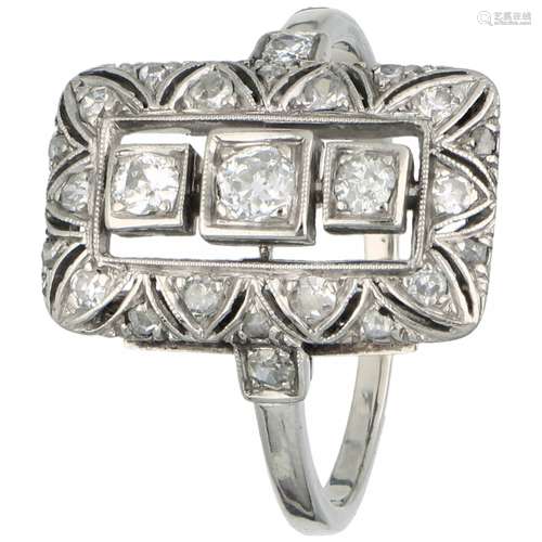 White gold rectangular open worked Art Deco ring, with approx. 0.30 ct. diamond - 14 ct.