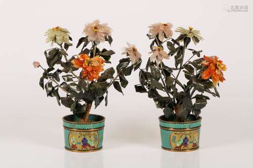 A set of (2) ornamental plants made of jade in cloisonne flower pots.