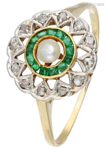 Yellow gold open worked rosette ring, with diamond, natural emerald and cultivated freshwater pearl