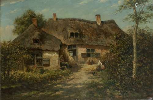 Dutsch School, 19th Century, A farmewrs family in a yard by a thatched cottage.