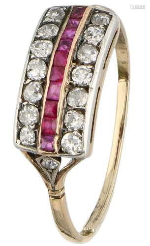 Yellow gold ring set with approx. 0.16 ct. diamond and natural ruby - 14 ct.