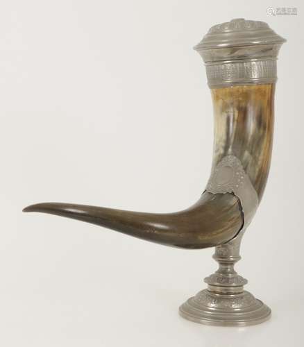 A pewter-mounted drinking horn, Spain, early 20th century.