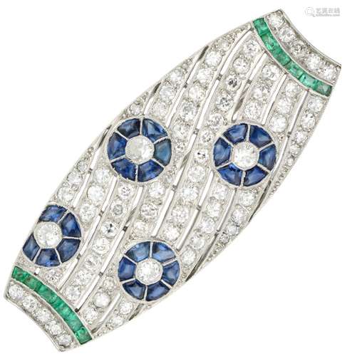 Platinum Art Deco brooch set with approx. 3.63 ct. diamond, natural sapphire and emerald - Pt 950.