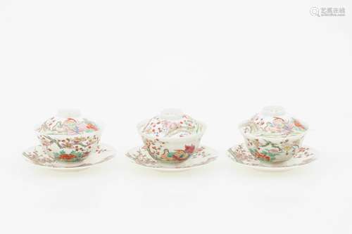 A set of (3) eggshell porcelain lidded bowls marked: Hirado Zo Mikawashi, Japan, 19th century.