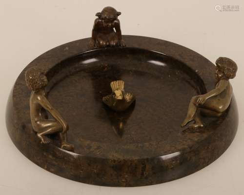 A marble birdbath with three bronze children's figures and a bronze bird (not included).