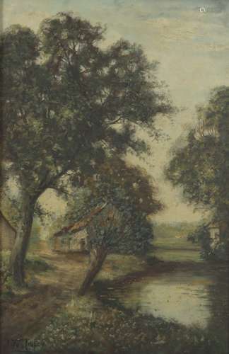 J. van Impe, 1st half 20th Century, A river landscape with willows and farmhouse.