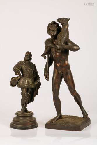 A lot with (2) Zamak sculptures, a.w. one depicting the sheperd Mythras, France, late 19th century.