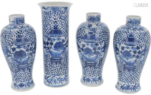 A set of (4) porcelain vases from a cabinet set with floral decor, marked Kangxi. China, 19th centur