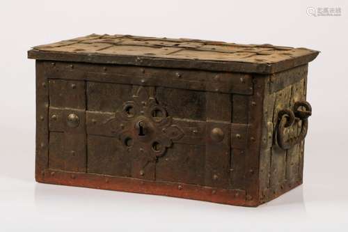 A wrought iron strongbox, ca. 1800.