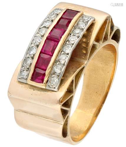 Rose gold Art Deco tank ring, with approx. 0.16 ct. diamond and synthetic ruby - 14 ct.