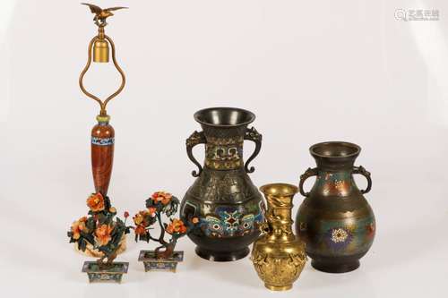 A lot comprising of two Japanese cloisonné vases, a pair of flower pots (jade and cloisonné), a cast