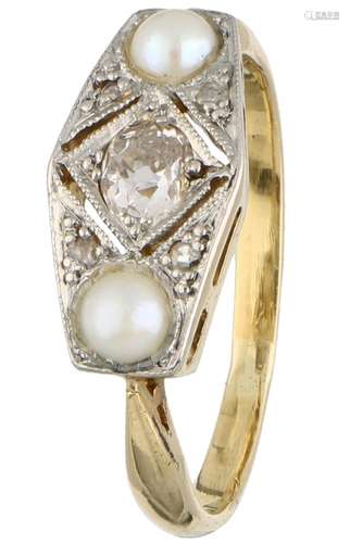 Yellow gold Art Deco ring, with approx. 0.15 ct. diamond and cultivated freshwater pearl - 14 ct.